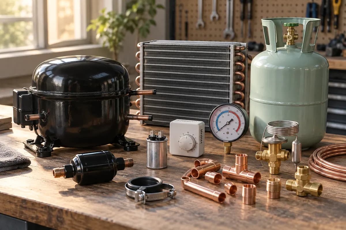 Illustrative image of AC and refrigeration spare parts on a workbench