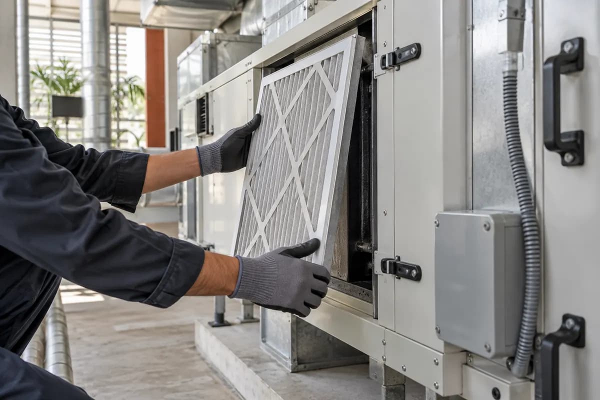 Illustrative image of a technician inspecting an air-conditioning filter