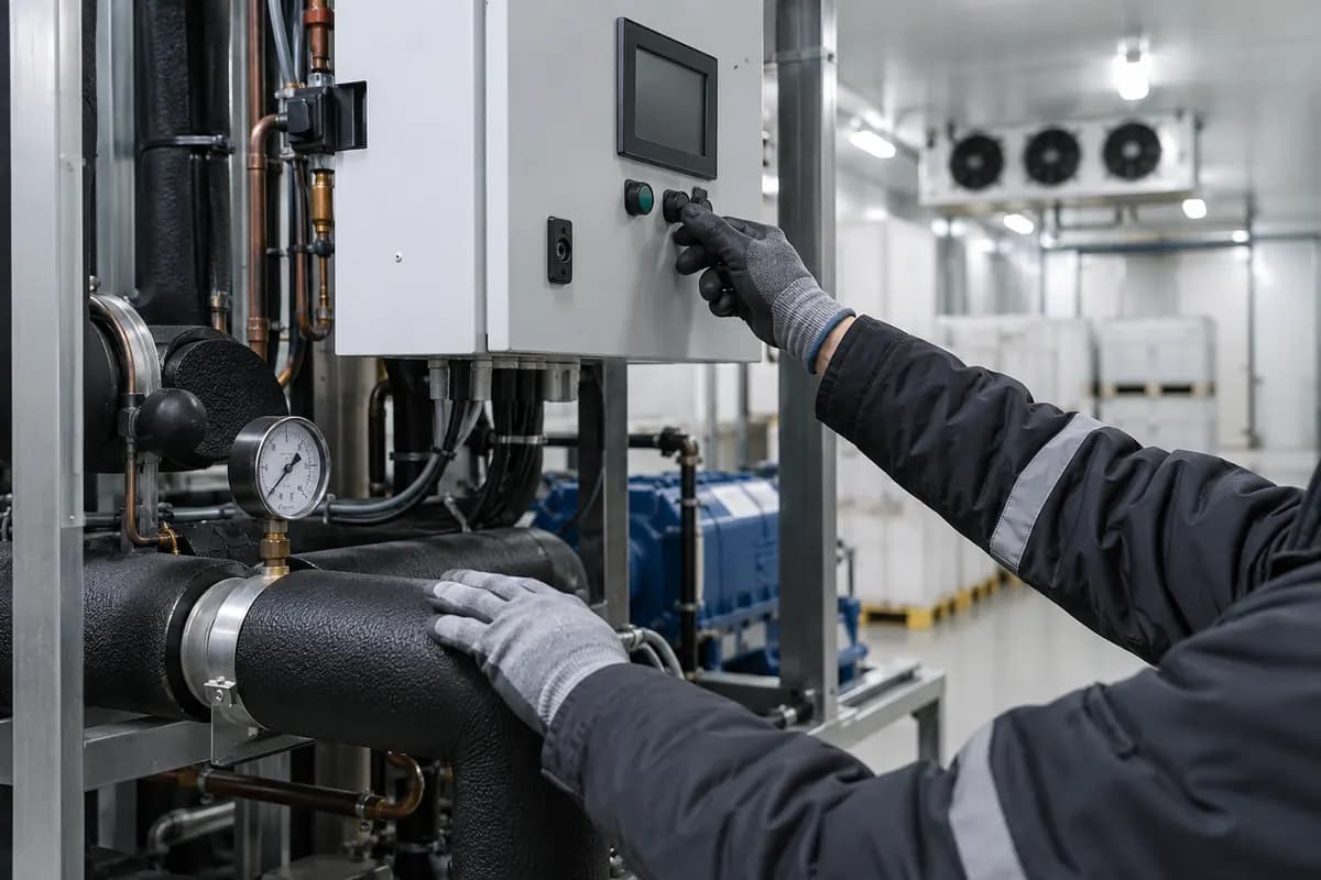 Illustrative image of a technician checking commercial refrigeration equipment
