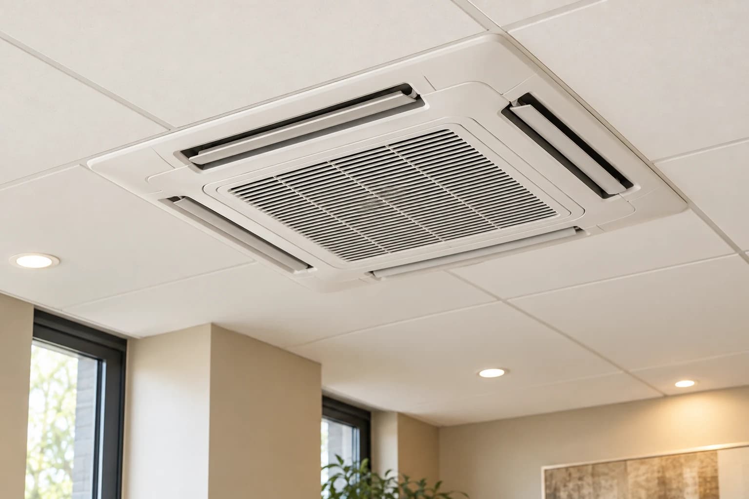 Four-way ceiling cassette air conditioner in a commercial interior