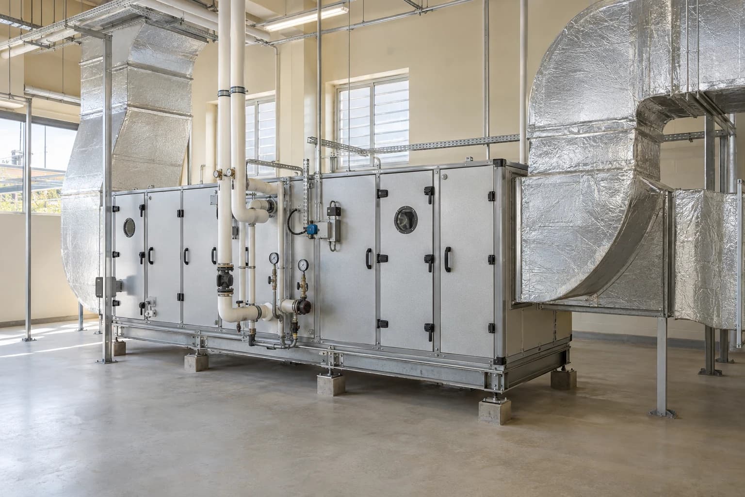 Central air-handling unit connected to insulated commercial ductwork