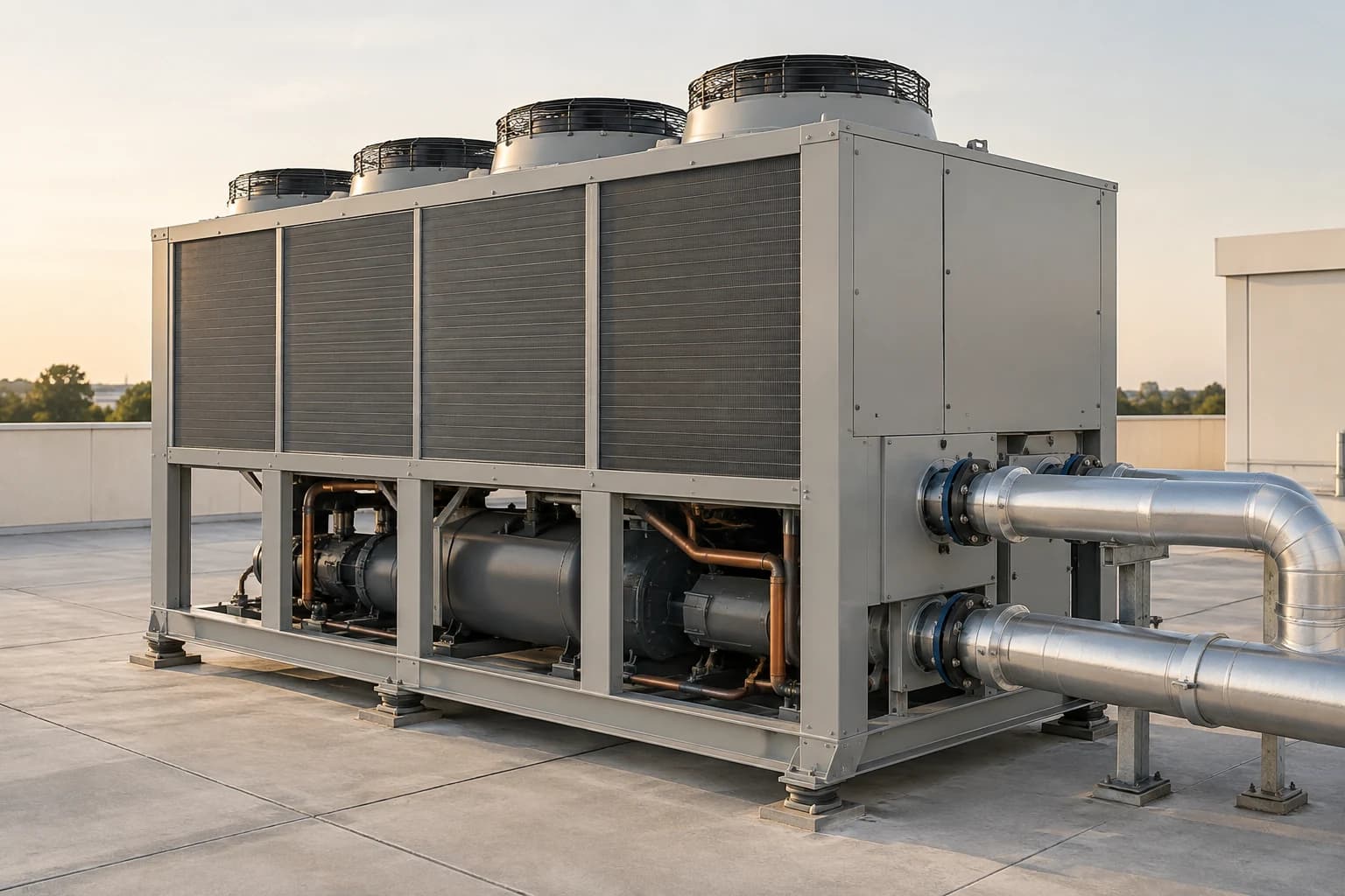 Air-cooled rooftop chiller with axial fans and condenser coils