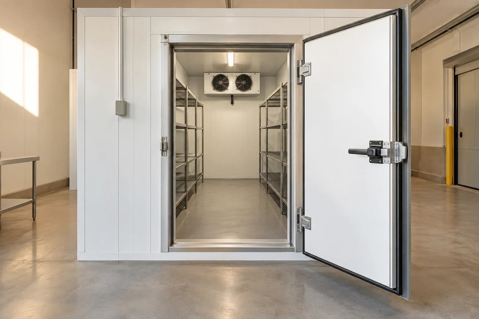 Walk-in cold room with an insulated door and stainless steel shelving