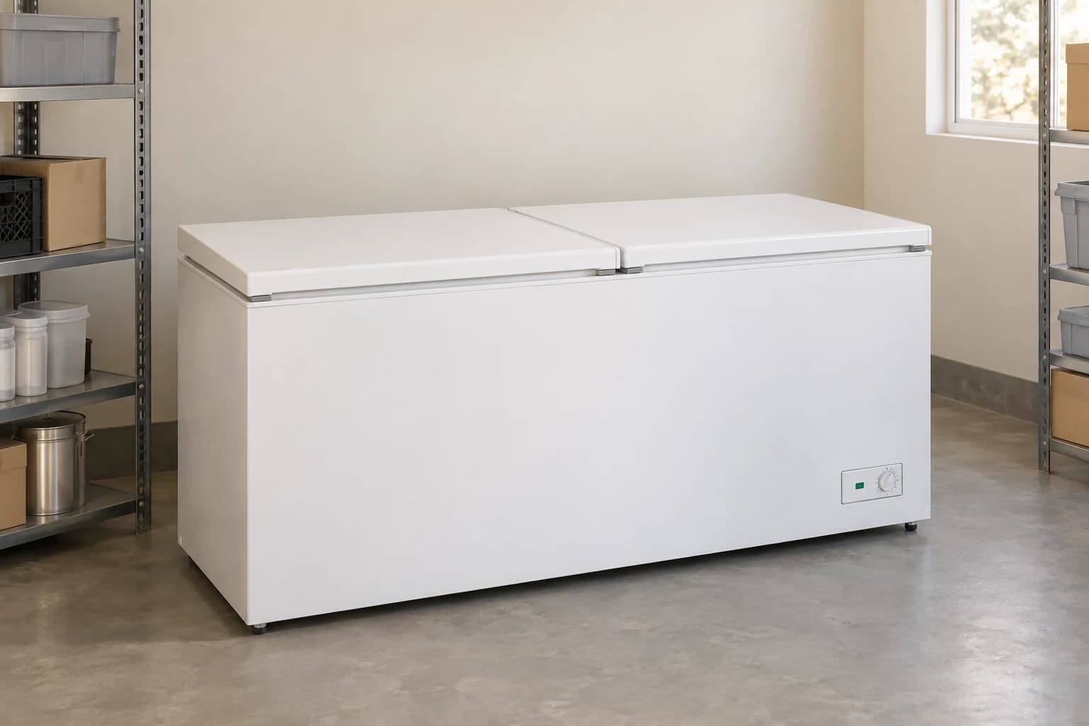 White commercial chest deep freezer with insulated lift-up lids