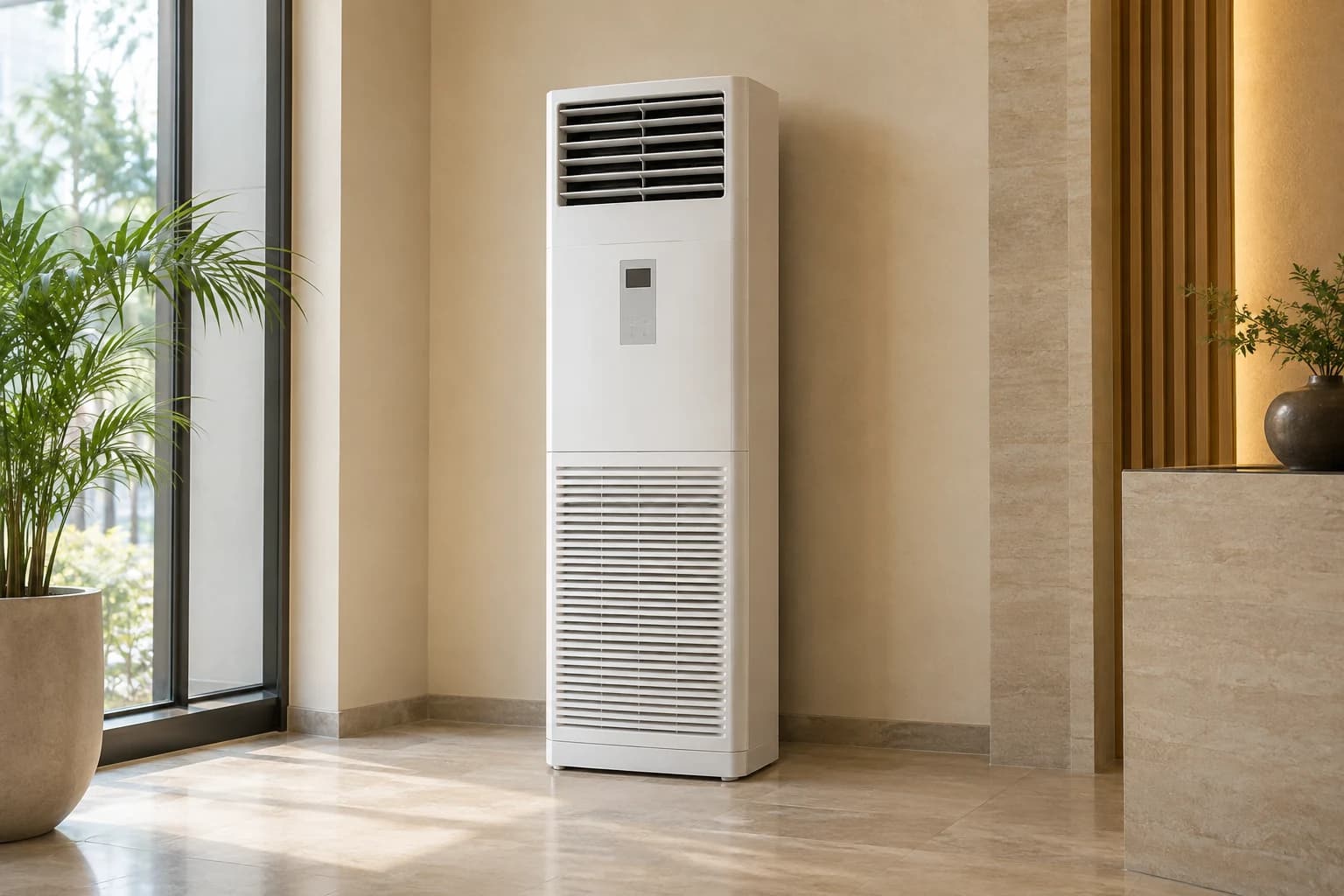 Floor-standing air conditioner with upper louvers in a commercial room