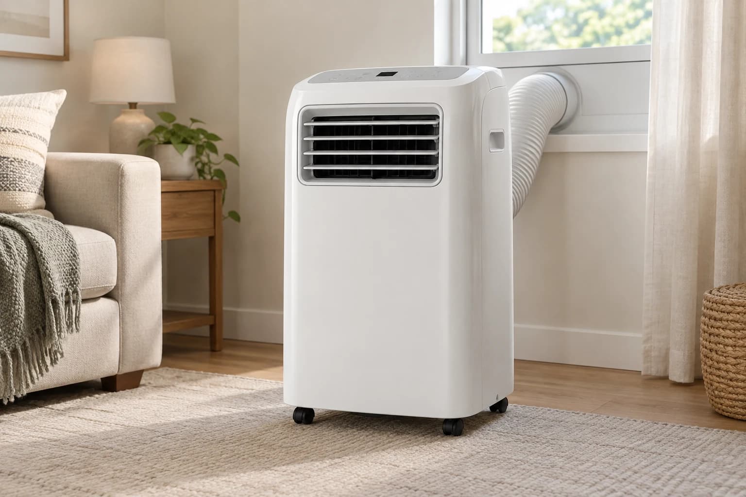 Portable air conditioner with caster wheels and a window exhaust hose