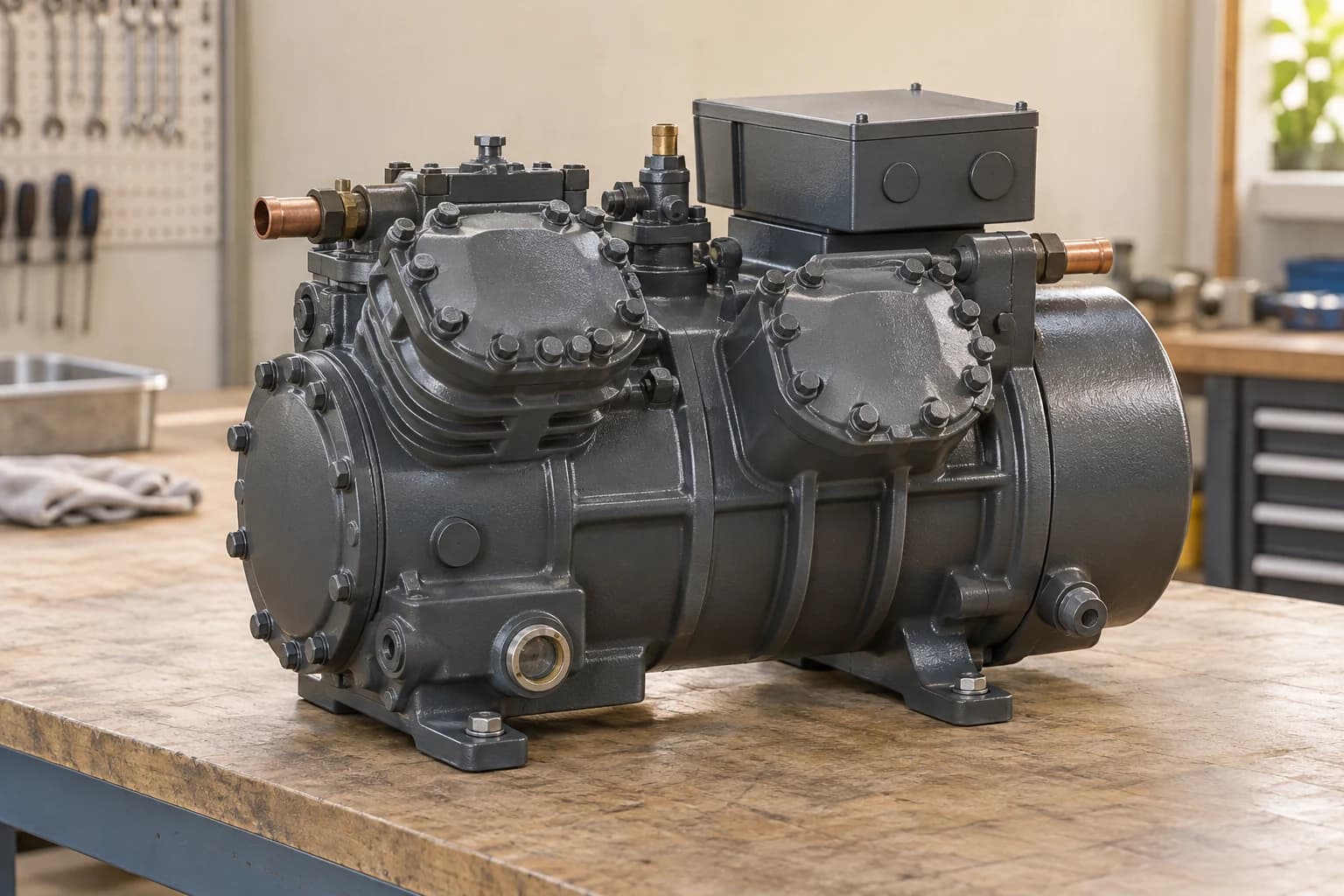 Refurbished semi-hermetic refrigeration compressor on a workshop bench